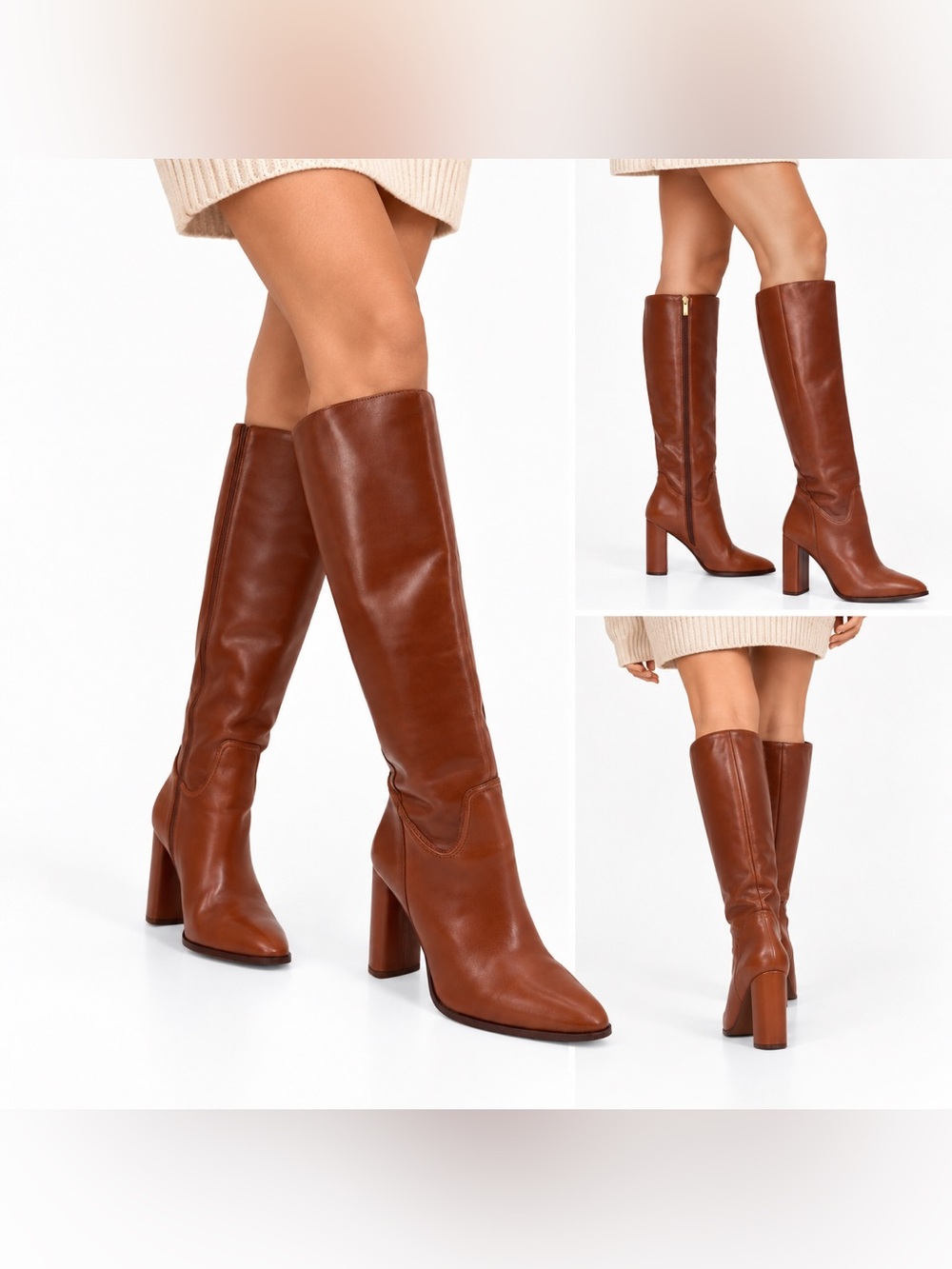 Vince Camuto Evangee Women’s Cognac Brown Leather Knee High Boots Block Heel